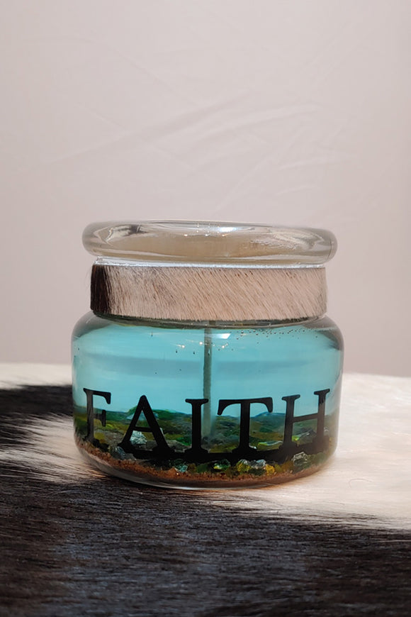 Small gel candle with blue gel and the word faith in the middle - by Branding Stove Candles