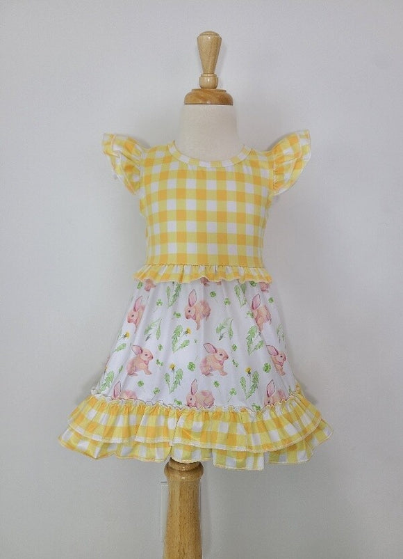 Ruffled dress by Clover Cottage. Yellow gingham and baby bunnies