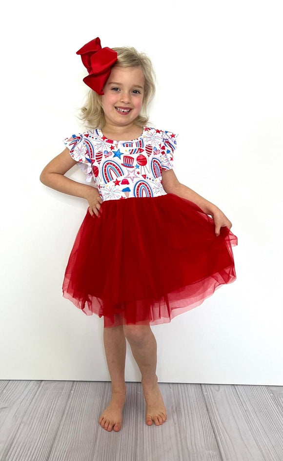 4th of July Clover Cottage dress with red tutu - young girl with red bow