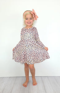 Clover Cottage - Blush Leopard Girls Dress - Model