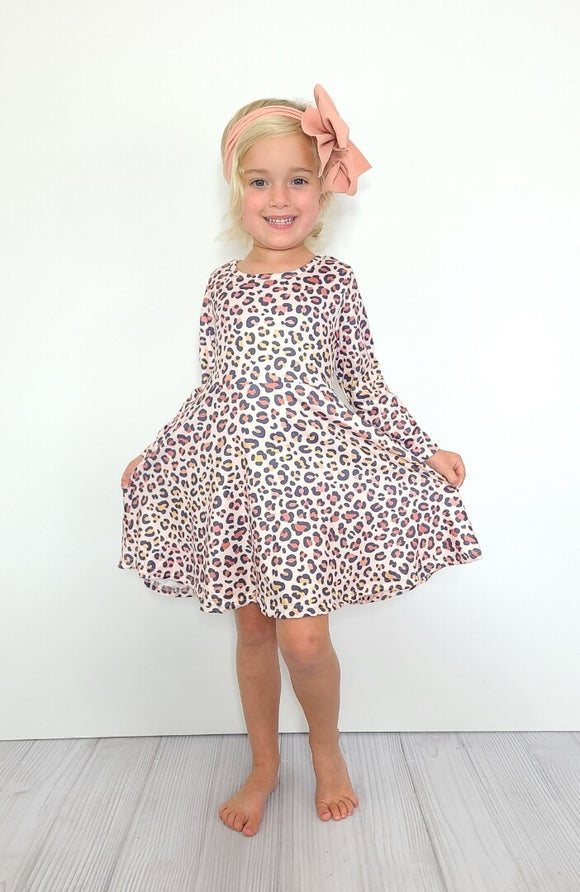Clover Cottage - Blush Leopard Girls Dress - Model