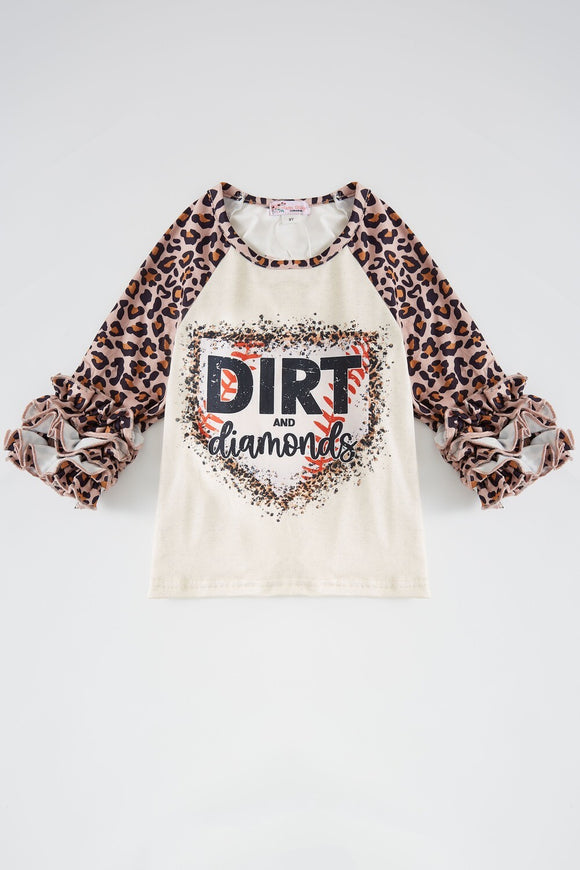Raglan t-shirt for girls with Dirt and Diamonds on the chest -leopard print sleeves.