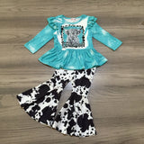 Clover Cottage Herd it All girls cowhide flare pants with teal bleached shirt and cowhide headband (sold separately)