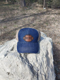 Denim brim and crown baseball hat with a leather football patch with MOM on it 2