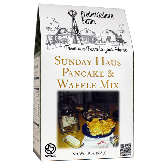 Pancake and waffle mix by Frederickburg Farms. Sunday Haus. 19 oz pakage.