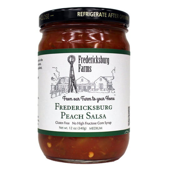 Fredericksburg Farms Paech Salsa. Made with Fredericksburg peaches. 12 oz jar.