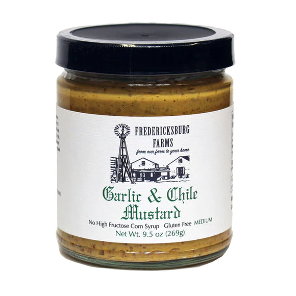 Gluten free mustard. Garlic and Chile flavor by Fredericksburg Farms.. 9.5 oz.