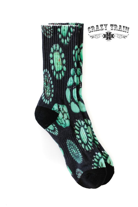 Crazy Train novelty crew socks withblack background and turquoise stones