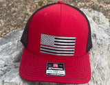 Richardson 112 red and black support the red american flag hat. Close up.