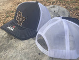 Richardson original trucker hat with the Smithson valley high school logo in leather on front crown side view
