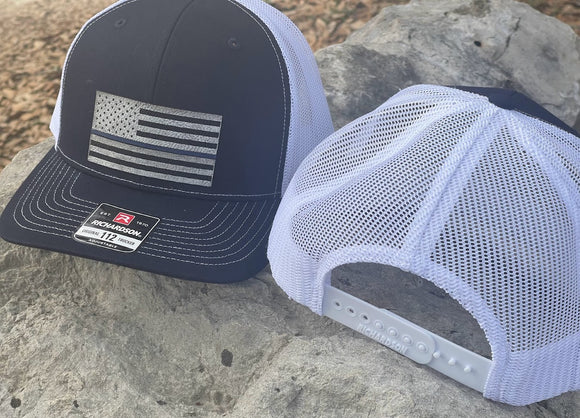 American flag hat with the blue line for backing the blue statement. Blue and white mesh trucker hat. Richardson 112.
