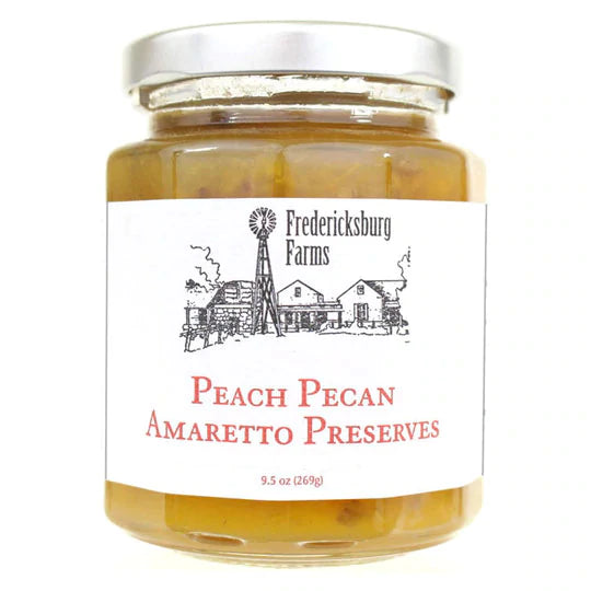 9.5 oz jar of peach pecan Amaretto goodness from Fredericksburg Farms