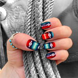 Dusti Rhoads Rio Grande design is grand. Serape and Aztec combo in the nail set with multi colors. Applied to nails.