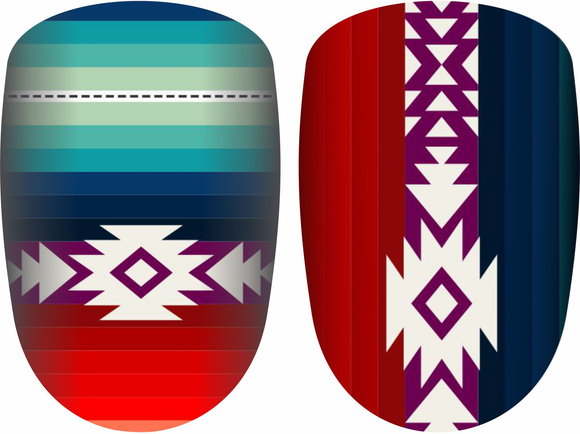 Dusti Rhoads Rio Grande design is grand. Serape and Aztec combo in the nail set with multi colors. Close up.