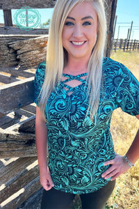 Short sleeved faux tooled leather top teal and black by sterling creek