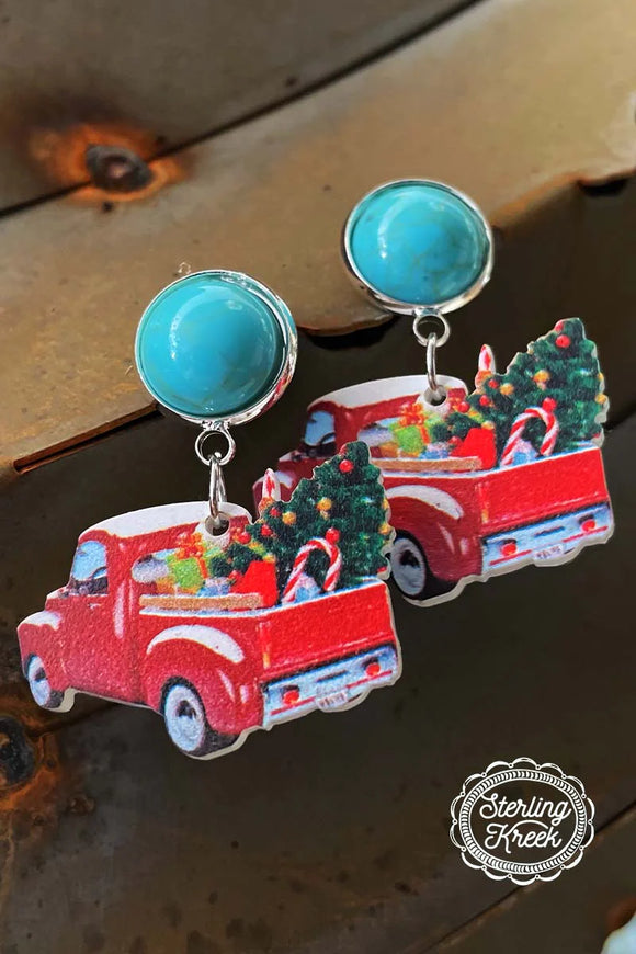 Little Red Truck with Christmas tree in back earrings with turquoise stud.