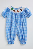 blue gingham baby romper by Clover Cottage