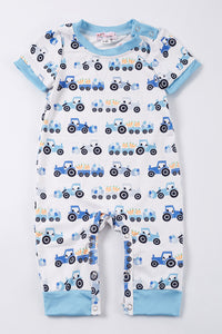 toddler romper featuring tractor with carrots in the hopper - front view