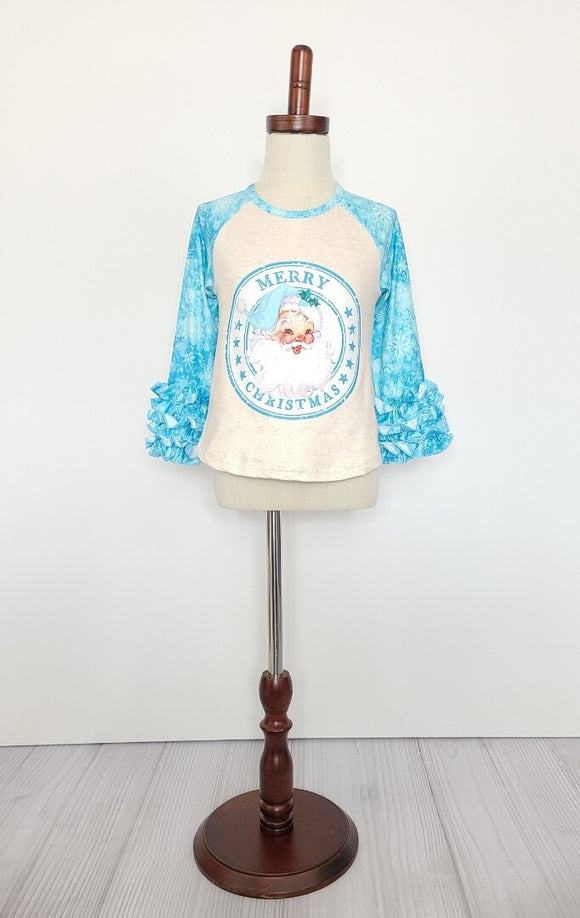 Winter white and turquoise child Santa Shirt with ruffles at cuffs