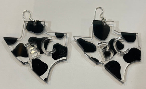 Texas-shaped black and clear cowhide print earrings with the BC for Bracken Christian schools  - acrylic