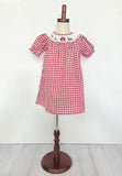 Red gingham farm dress by Clover Cottage on a mannequinn