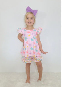 Jellybean printed top with ruffles and floral shorts for little girls