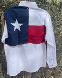 Back view of Tiger Hill long sleeved vented back youth fishing shirt with Texas flag on back vent - White