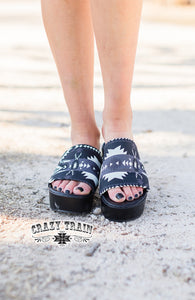 Black Aztec print chunky platform sandal in womens whole sizes.