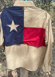 Back view of Tiger Hill long sleeved vented back youth fishing shirt with Texas flag on back vent - Khaki
