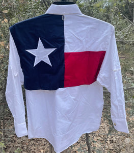 Back view of the Tiger Hill Men's long sleeved Texas flag shirt - White