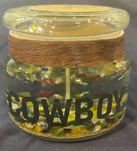 Branding Stove Candle with the word Cowboy in the gel and multi colored rocks - small candle