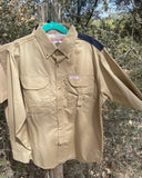 Front view of Tiger Hill long sleeved vented back youth fishing shirt with Texas flag on back vent - Khaki