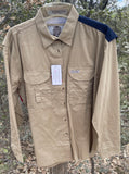 Front view of the Tiger Hill Men's long sleeved Texas flag shirt - Khaki