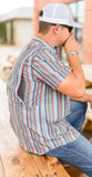 Men's short-sleeved vertical striped hybrid shirt. Button up side and back vent view.