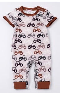 Clover Cottage Brown Tractor Romper Flat lay 
