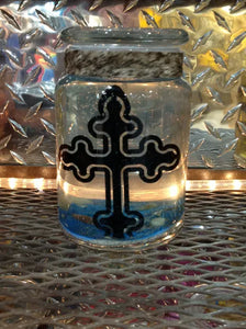 Large Cross Candle with blus stones in the bottom of the jar