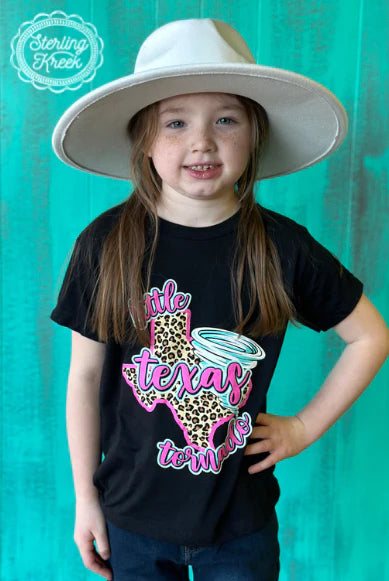 Girl in a cowboy hat wearing the Sterling Kreek black little texas tornado t-shirt