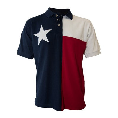 Men's front view of Tiger Hill's Texas flag polo shirt