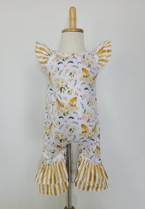 Romper for toddler or infant. Features golden striped cap sleeves and leg ruffles.
