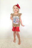 Girls short set with leopard print top God Bless the USA and bright red ruffled shorts created by Clover Cottage