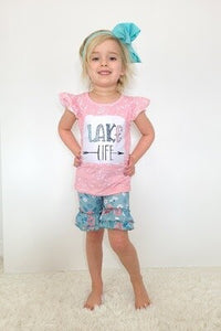 Lake Life pink paint splatter short set. Ruffled cap sleeves and cuffs of the shorts give the outfit flair.  2 piece outfit